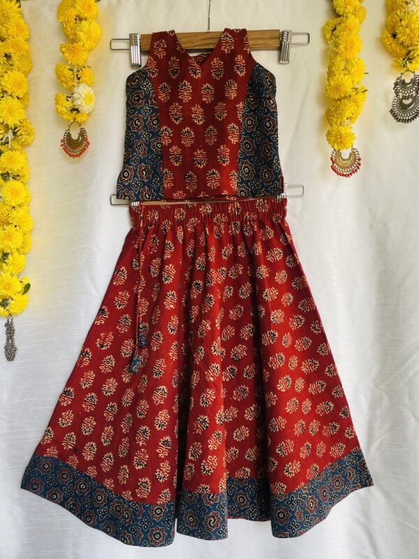 Red Ajrakh cotton lehenga choli for girls for festival season
