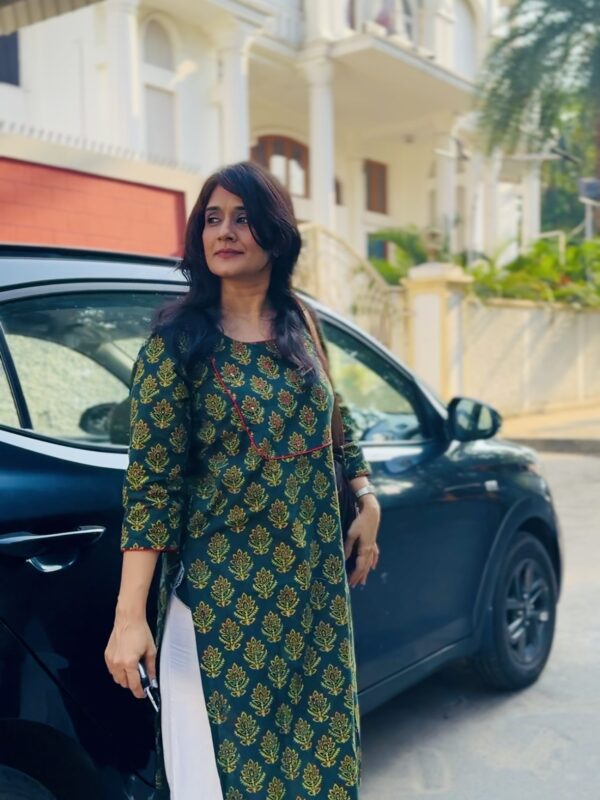 Woman in ajrakh kurta as work-wear