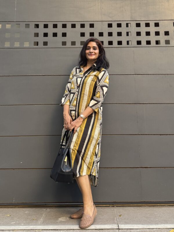 A fun combo of geometric prints in your shirt dress