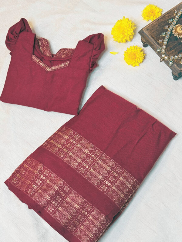 Maroon cotton pavadai sattai with ikkat border