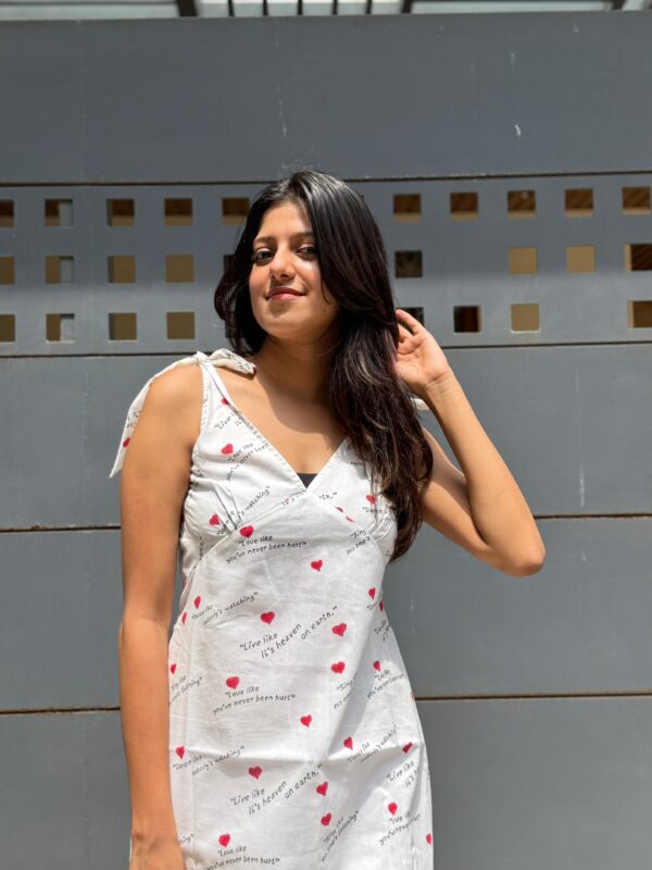 White mul cotton dress with tiny hearts and heartful quotes